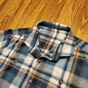 Kuhl Plaid Shirt Men Large‎ Blue Plaid Tapered Fit Button Up Hiking Outdoors